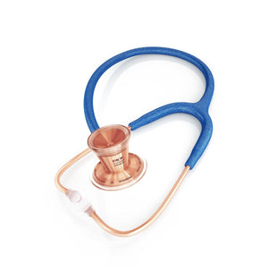 ProCardial Titanium adult cardiology stethoscope in royal blue glitter with rose gold accents, shown with black case by MDF Instruments.