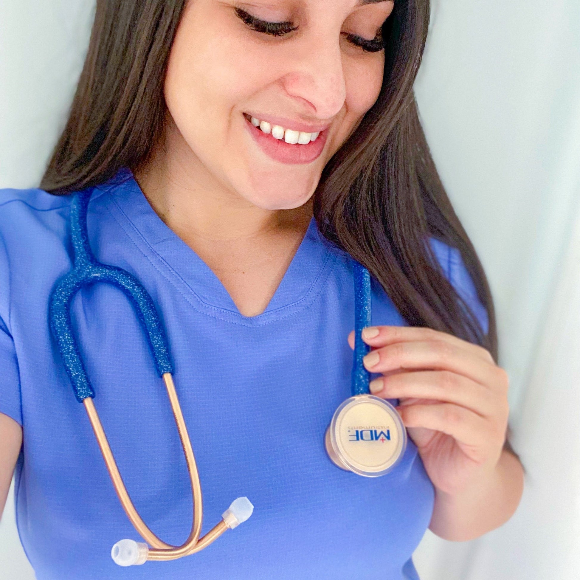 ProCardial titanium adult cardiology stethoscope by MDF Instruments in royal blue glitter and rose gold with case