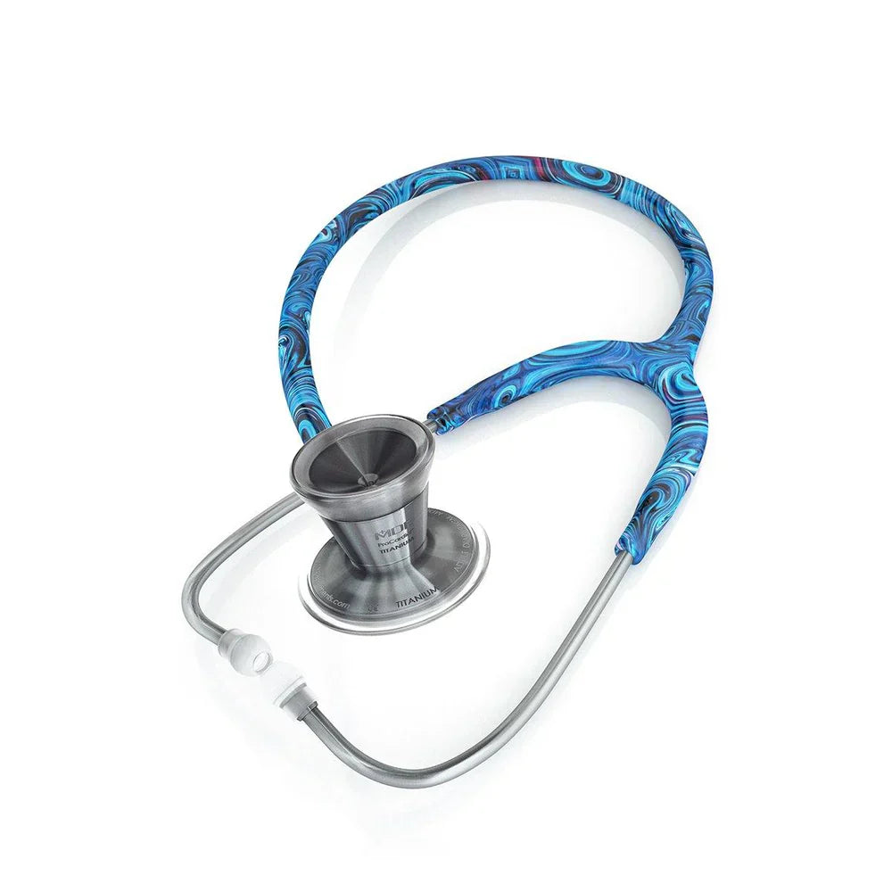 MDF Instruments ProCardial Titanium adult cardiology stethoscope with Starry Night and Metalika finish, shown with included case.