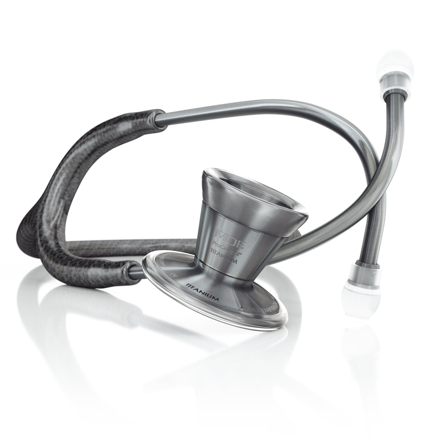 ProCardial Titanium adult cardiology stethoscope by MDF Instruments with metal finish, featuring dual-head chestpiece and adjustable earpieces.