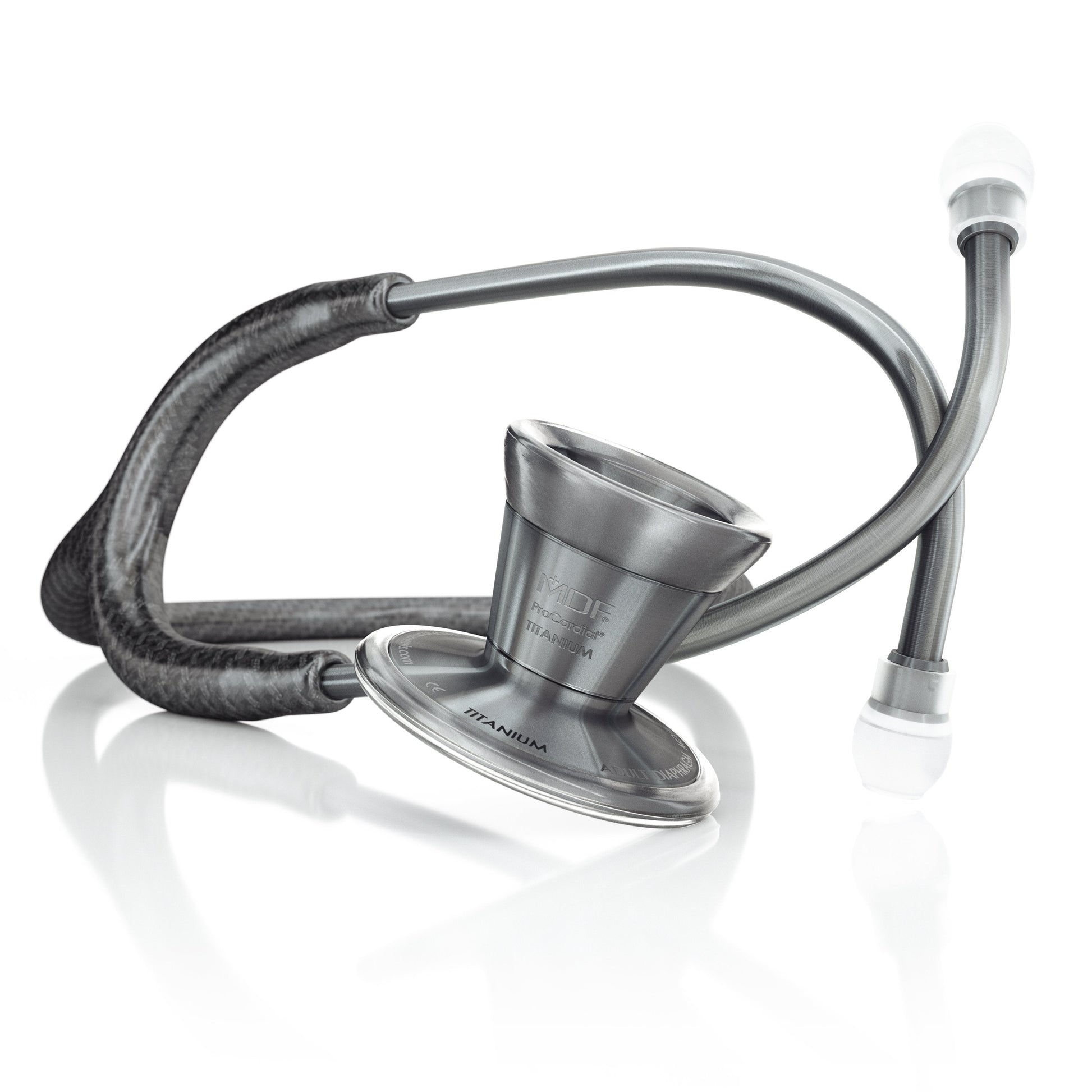 ProCardial Titanium adult cardiology stethoscope by MDF Instruments with metal finish, featuring dual-head chestpiece and adjustable earpieces.