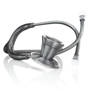 ProCardial Titanium adult cardiology stethoscope by MDF Instruments with metal finish, featuring dual-head chestpiece and adjustable earpieces.