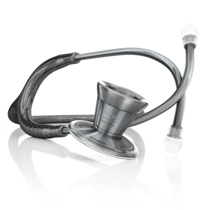 ProCardial Titanium adult cardiology stethoscope by MDF Instruments with metal finish, featuring dual-head chestpiece and adjustable earpieces.