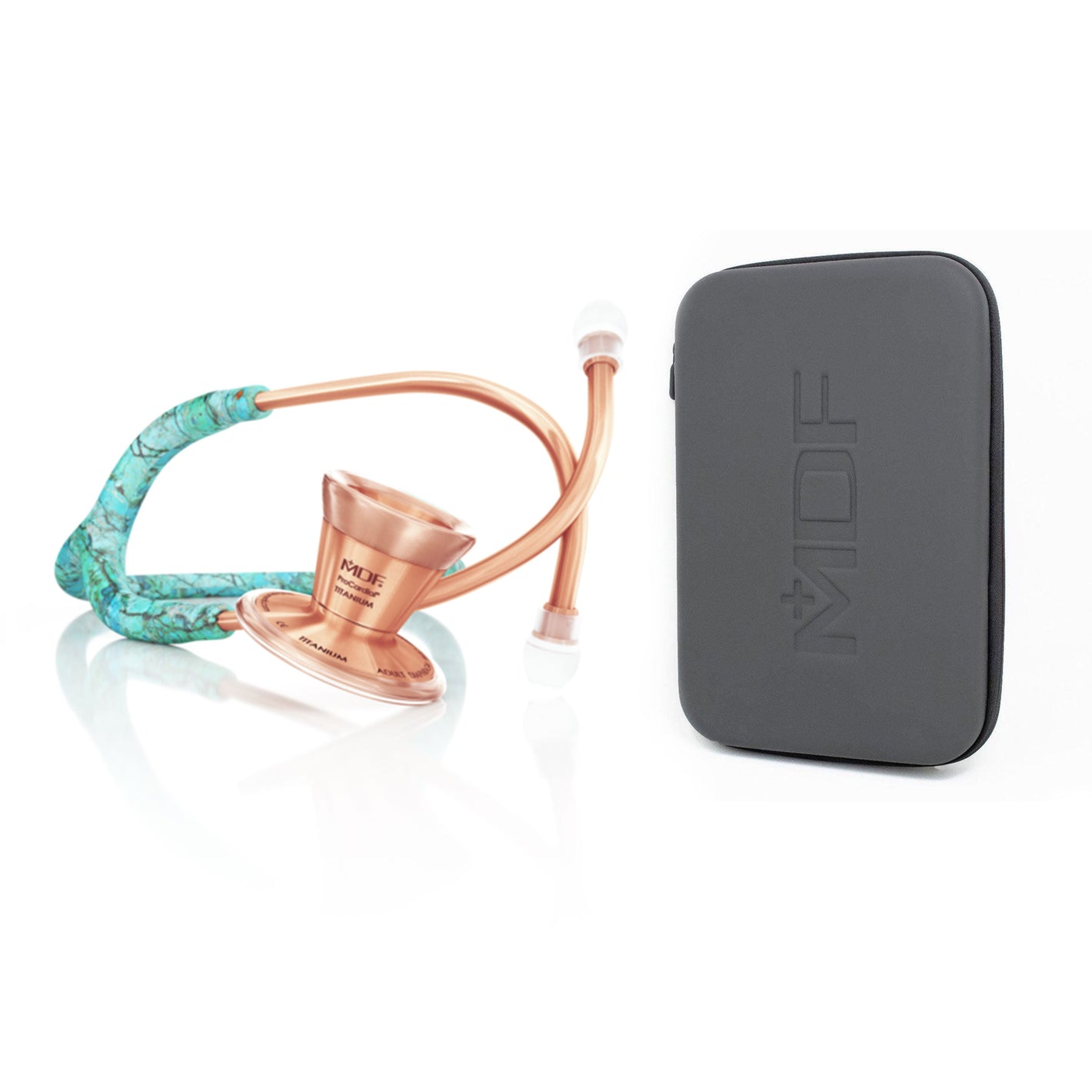ProCardial titanium adult cardiology stethoscope by MDF Instruments in turquoise and rose gold with carrying case.