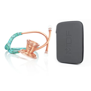 ProCardial titanium adult cardiology stethoscope by MDF Instruments in turquoise and rose gold with carrying case.