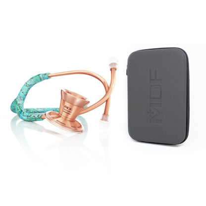 ProCardial titanium adult cardiology stethoscope by MDF Instruments in turquoise and rose gold with carrying case.