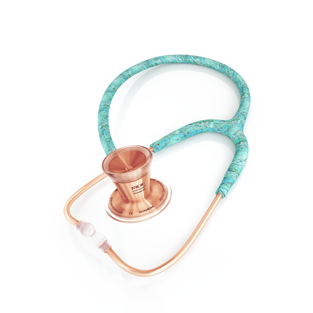 ProCardial Titanium adult cardiology stethoscope by MDF Instruments with turquoise and rose gold accents, shown with case.