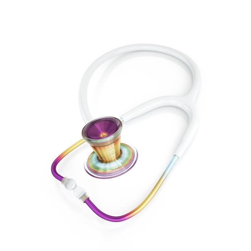 ProCardial Titanium adult cardiology stethoscope by MDF Instruments in white with kaleidoscope pattern and carrying case.