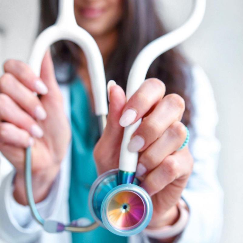 MDF Instruments ProCardial® Titanium adult cardiology stethoscope in white with rainbow kaleidoscope tubing and carrying case.