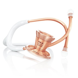 MDF Instruments ProCardial Titanium adult cardiology stethoscope in white and rose gold with dual head chest piece and tubing