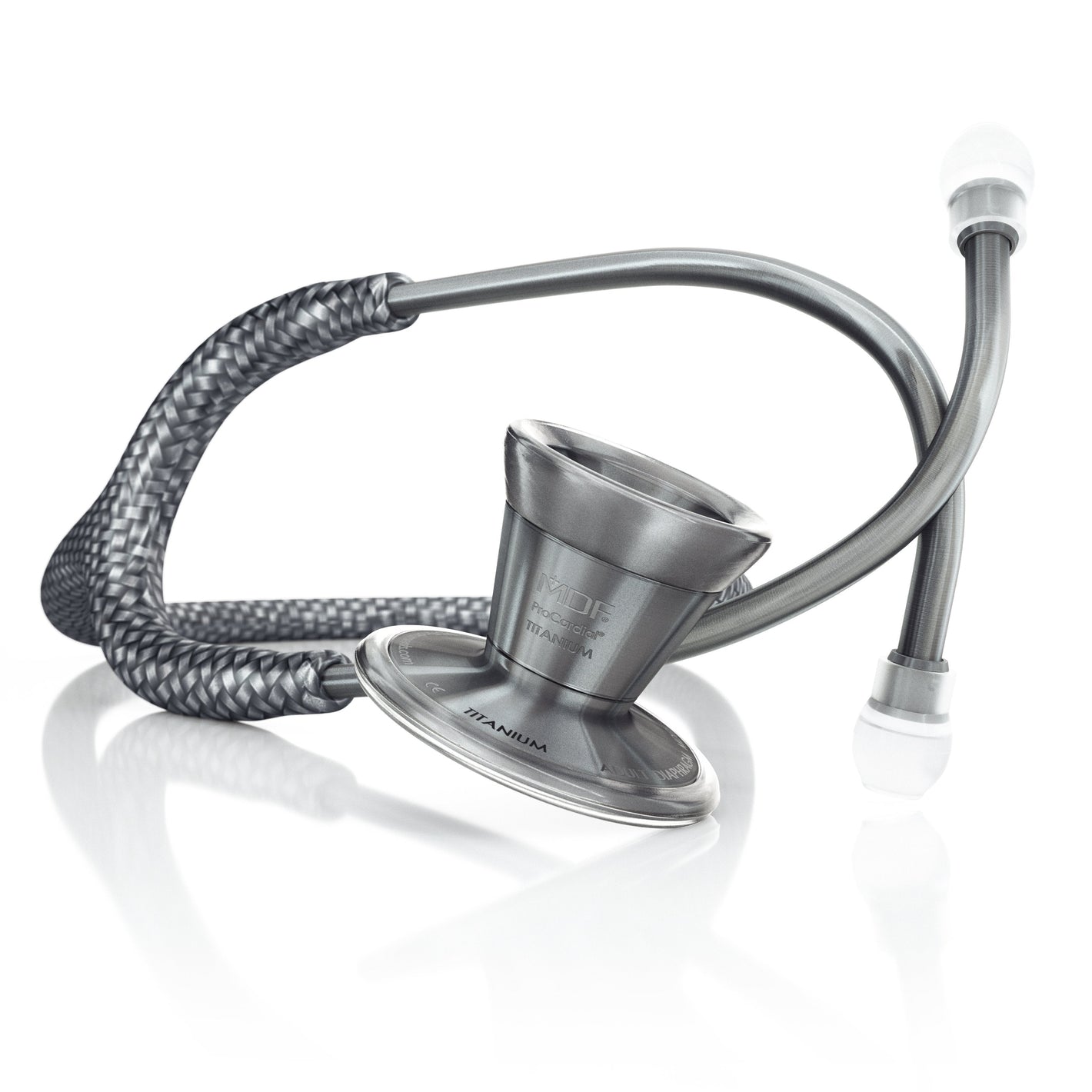 MDF Instruments ProCardial Titanium adult cardiology stethoscope with Zeus/Metalika finish, featuring dual head chest piece and flexible tubing.