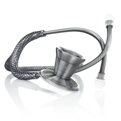 MDF Instruments ProCardial Titanium adult cardiology stethoscope with Zeus/Metalika finish, featuring dual head chest piece and flexible tubing.
