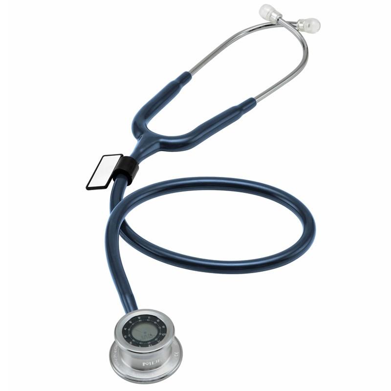 Navy blue Pulse Time® stethoscope by MDF Instruments with flexible tubing and dual earpieces for medical auscultation.
