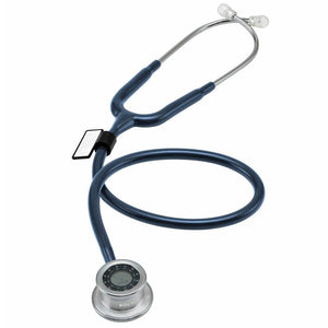 Navy blue Pulse Time® stethoscope by MDF Instruments with flexible tubing and dual earpieces for medical auscultation.