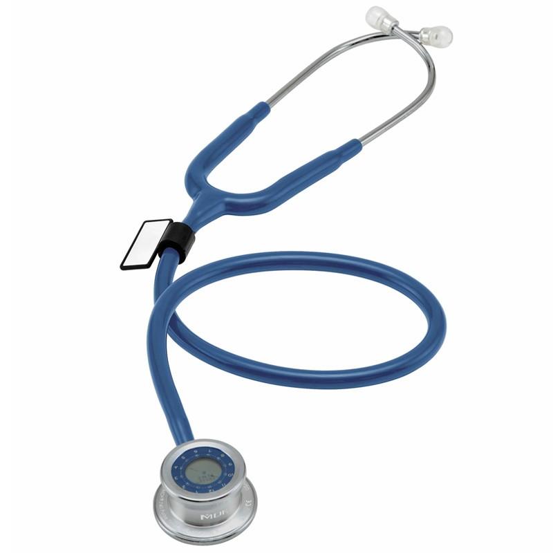 Royal blue Pulse Time® stethoscope by MDF Instruments with flexible tubing and earpieces for accurate heart and lung sounds.