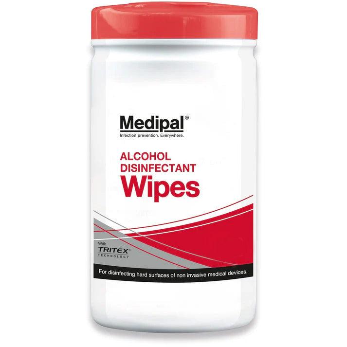 Medipal alcohol wipes tub containing 125 disinfectant wipes, shown in an open container with white wipes inside.