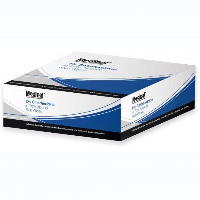 Medipal 70% alcohol chlorhexidine skin wipes pack of 100, showing individually wrapped antiseptic cleansing wipes.