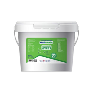 Tub of 500 biodegradable wipes from Medisanitize, showing soft, eco-friendly cleansing wipes in a resealable container.