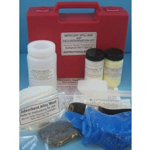 Mercury Safety Products Mercury Spillage Kit with absorbent pads, gloves, and disposal bags for mercury spill cleanup.