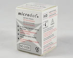 Microdot glucose test strips pack with 50 strips, showing packaging and strips for blood sugar testing.