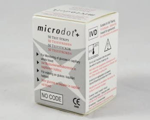 Microdot glucose test strips pack with 50 strips, showing packaging and strips for blood sugar testing.