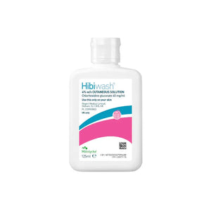 MoInlycke HibiWash antiseptic skin cleansing body wash in 125 ml bottle, shown with label and packaging.