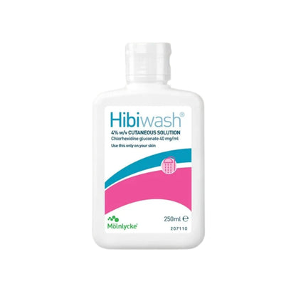 MoInlycke HibiWash antiseptic skin cleansing body wash bottle, 250 ml, with label and packaging visible.