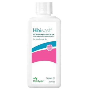HibiWash antiseptic skin cleansing body wash 500ml bottle with label, designed for hygienic skin care by MoInlycke.