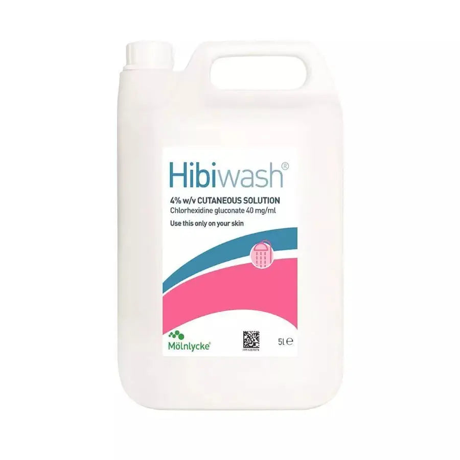 HibiWash antiseptic skin cleansing body wash in 5L container by MoInlycke, with labeled bottle and flip-top cap.