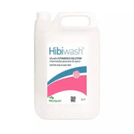 HibiWash antiseptic skin cleansing body wash in 5L container by MoInlycke, with labeled bottle and flip-top cap.
