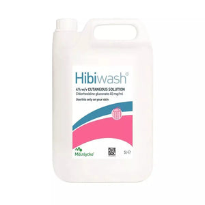 HibiWash antiseptic skin cleansing body wash in 5L container by MoInlycke, with labeled bottle and flip-top cap.