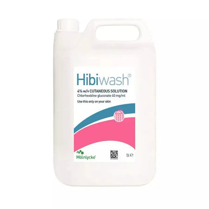 HibiWash antiseptic skin cleansing body wash in 5L container by MoInlycke, with labeled bottle and flip-top cap.
