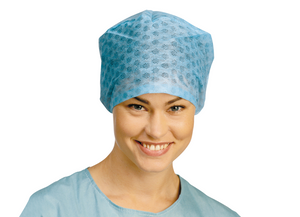 Blue Miss Surgical Cap by MoInlycke, sterile disposable theatre cap shown on a mannequin head for medical use.