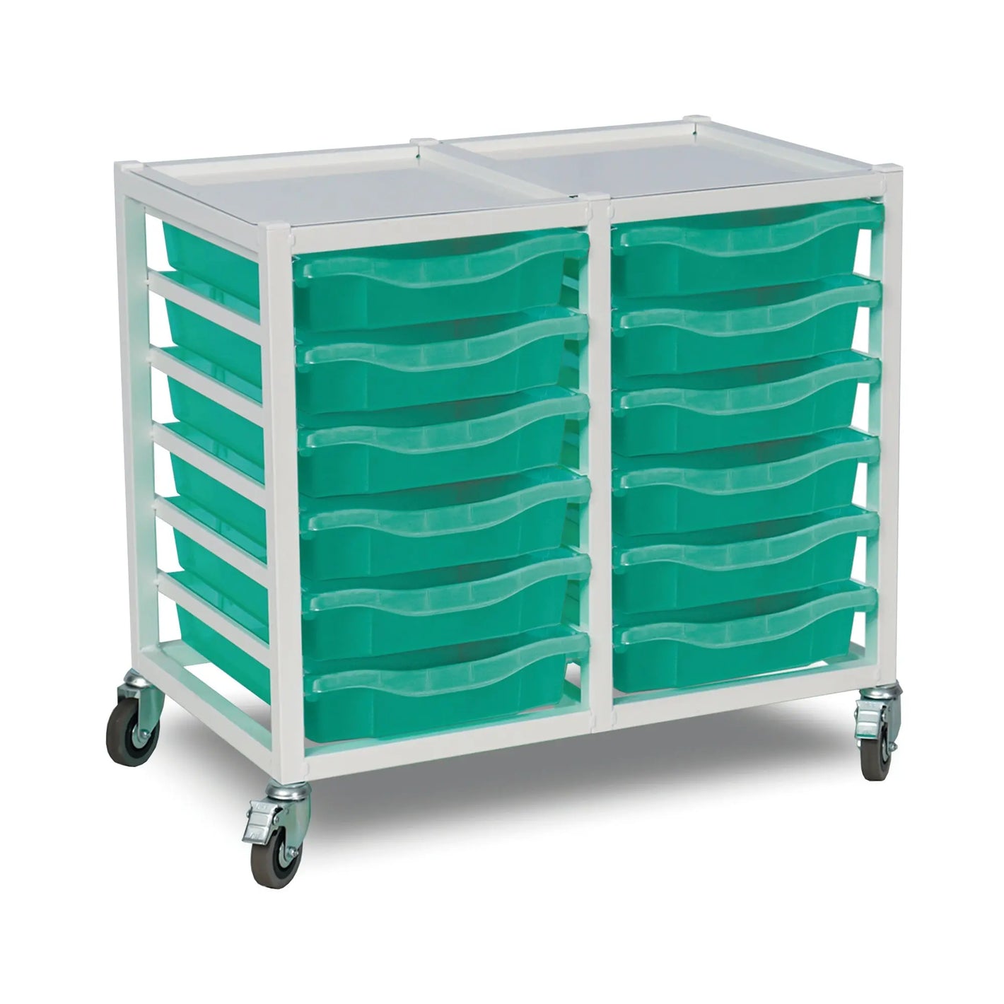 Metal storage trolley with 12 aqua green trays, double column design, Monarch Furniture, W710 x D430 x H655mm, 25kg capacity