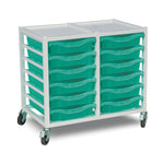 Metal storage trolley with 12 aqua green trays, double column design, Monarch Furniture, W710 x D430 x H655mm, 25kg capacity