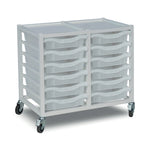 Metal storage trolley with 12 transparent trays, double column design, white finish, Monarch Furniture, compact and sturdy.