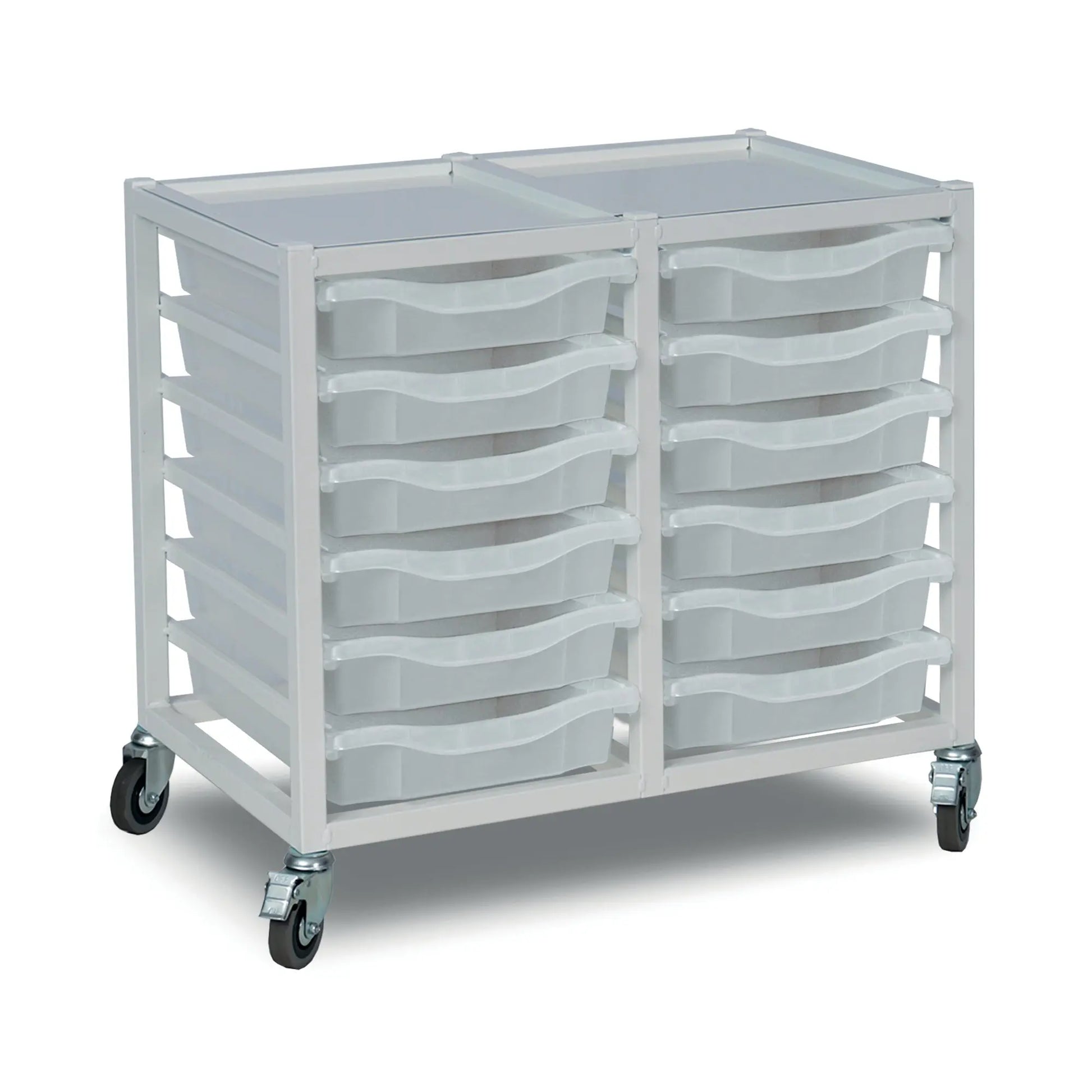 Metal storage trolley with 12 transparent trays, double column design, white finish, Monarch Furniture, compact and sturdy.
