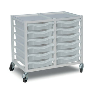 Metal storage trolley with 12 transparent trays, double column design, white finish, Monarch Furniture, compact and sturdy.