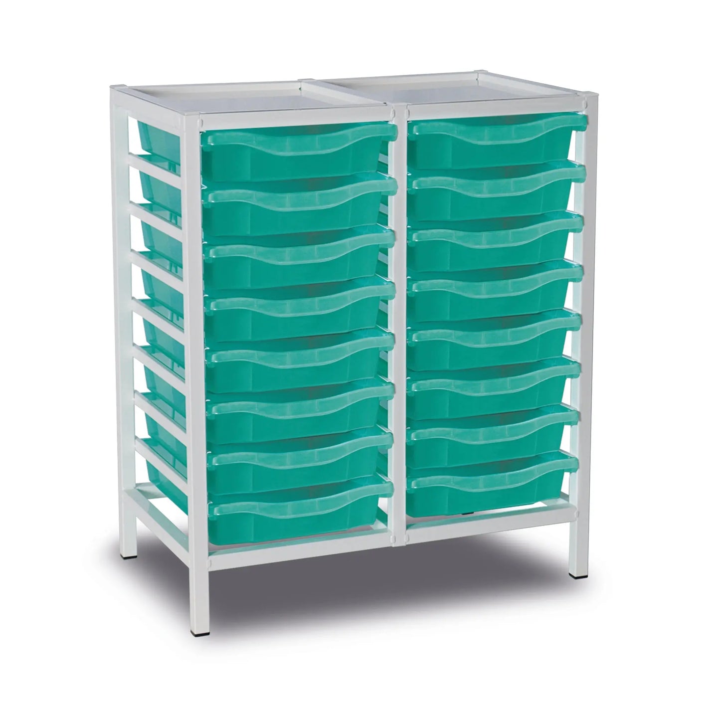 Monarch Furniture 16-tray double column metal storage trolley with aqua green trays, sturdy frame, and compact design.