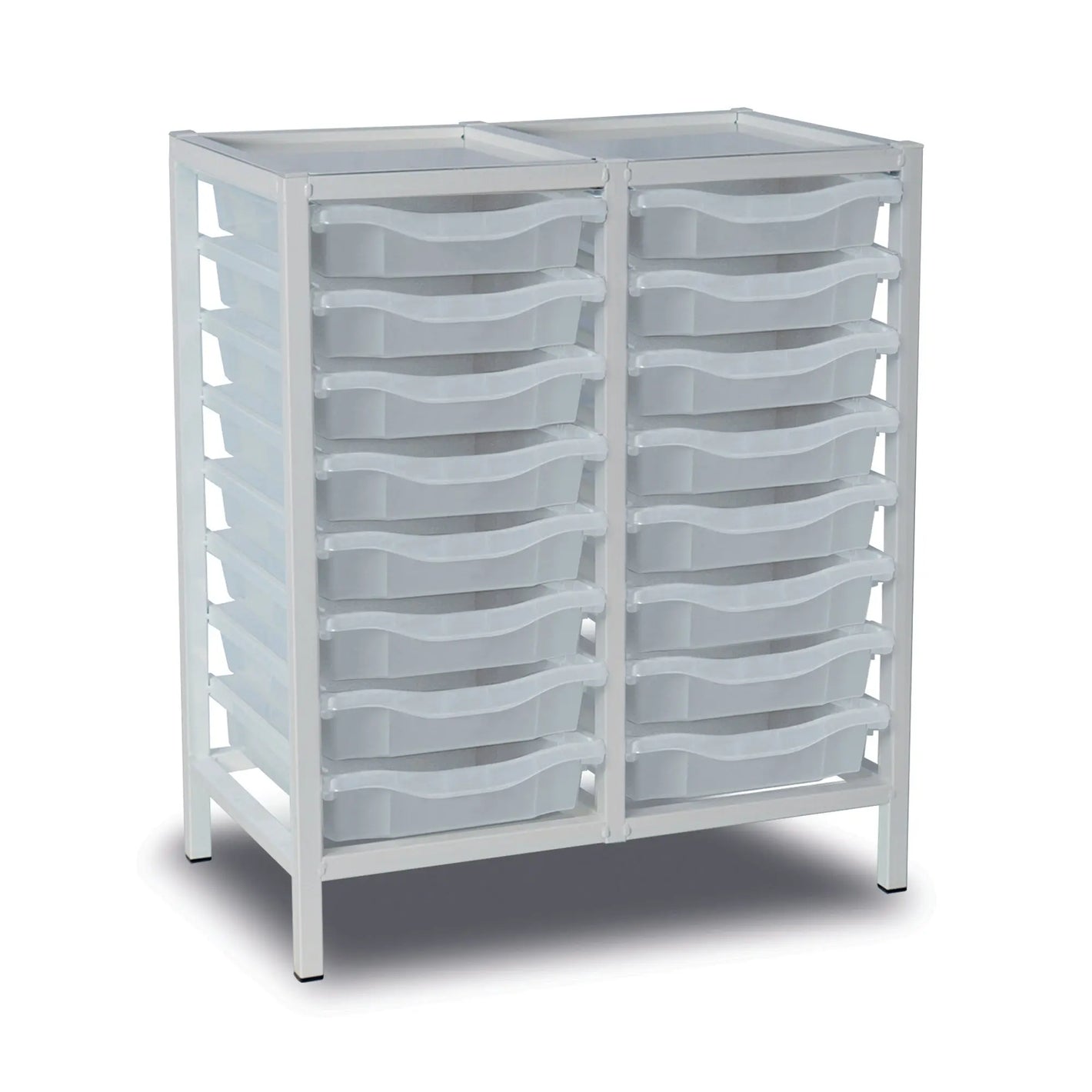 Metal storage trolley with 16 transparent trays, double column design, white frame, and sturdy metal construction.