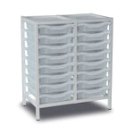 Metal storage trolley with 16 transparent trays, double column design, white frame, and sturdy metal construction.