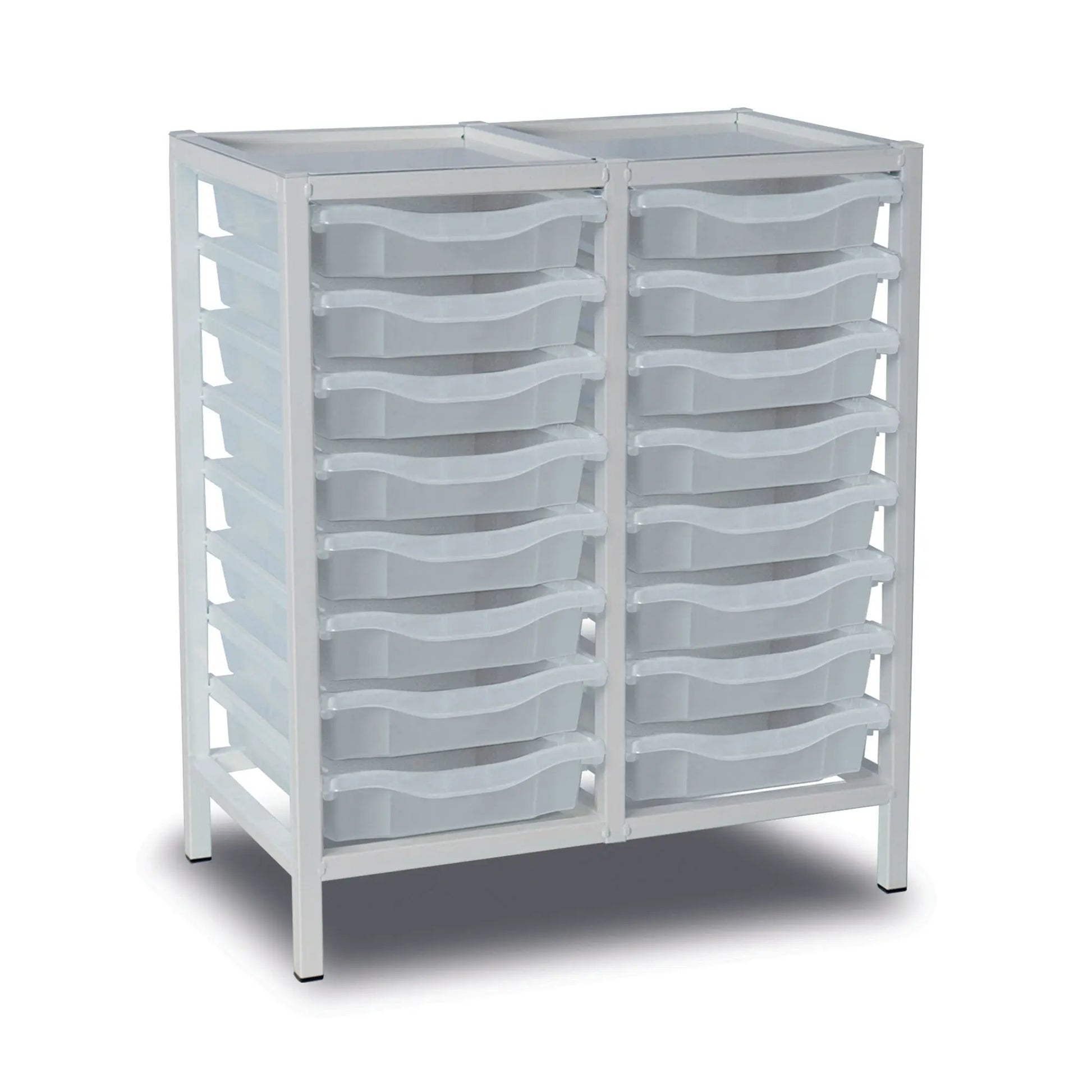 Metal storage trolley with 16 transparent trays, double column design, white frame, and sturdy metal construction.