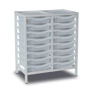 Metal storage trolley with 16 transparent trays, double column design, white frame, and sturdy metal construction.