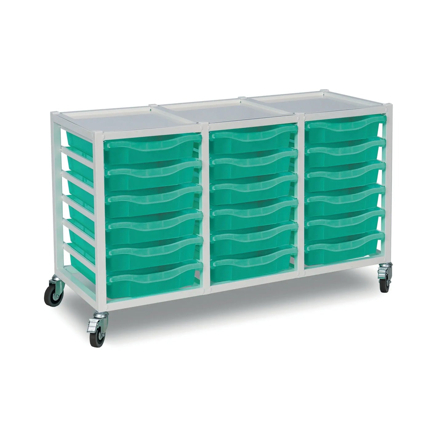 Metal storage trolley with 18 aqua green trays, triple column design, Monarch Furniture, W1050mm D430mm H655mm
