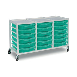 Metal storage trolley with 18 aqua green trays, triple column design, Monarch Furniture, W1050mm D430mm H655mm