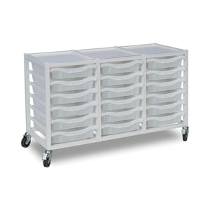 Metal storage trolley with 18 transparent trays, triple column design, white frame, Monarch Furniture trolley on smooth wheels.
