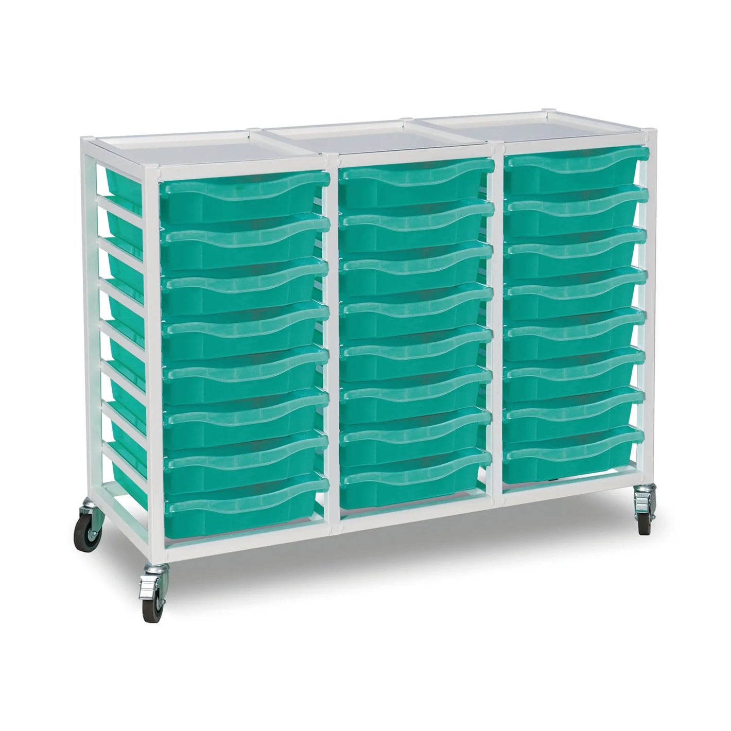 Metal storage trolley with 24 aqua green trays, triple column design, Monarch Furniture, W1050mm.