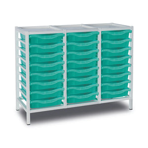 Monarch Furniture 24-tray triple column metal storage trolley with aqua green trays, black frame, dimensions W1050 x D430 x H830mm
