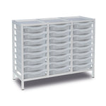 Metal storage trolley with three columns of transparent trays, 24 compartments, sturdy frame, and wheels for easy mobility.