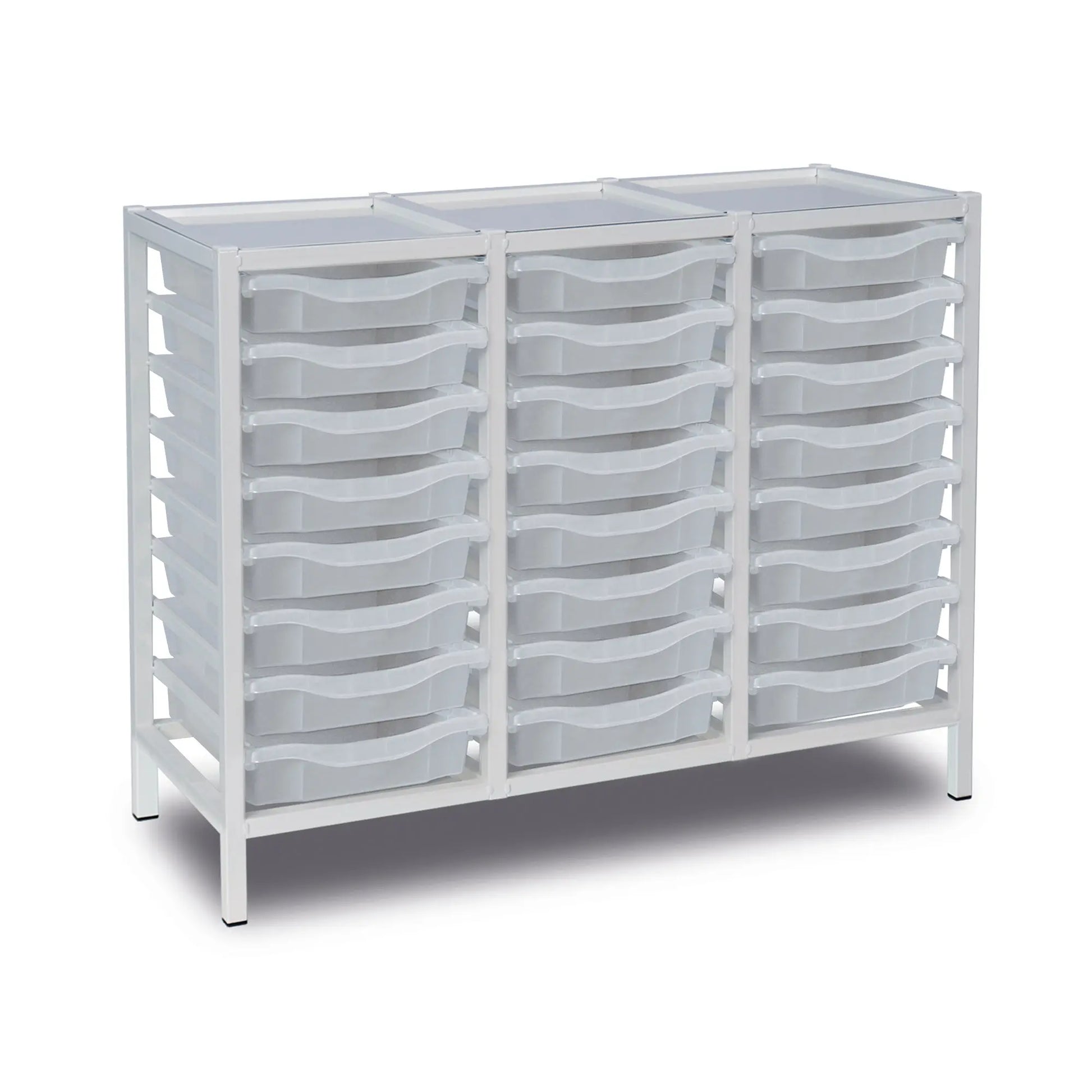 Metal storage trolley with three columns of transparent trays, 24 compartments, sturdy frame, and wheels for easy mobility.